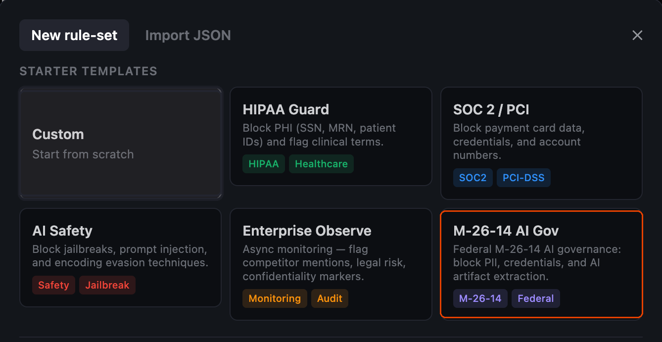 AI Warden rule-set editor with the M-26-14 AI Gov starter template highlighted, showing judge model, allow-notify-block mode, and a plain-English judge policy
